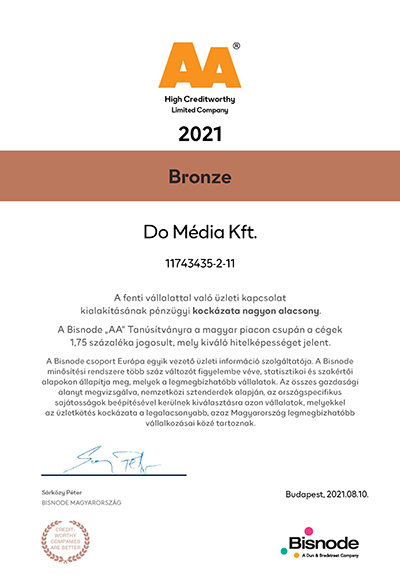 2021-ben is 'AA' minősítést kapott a domdom.hu a Bisnode nemzetközi cégminősítőtől