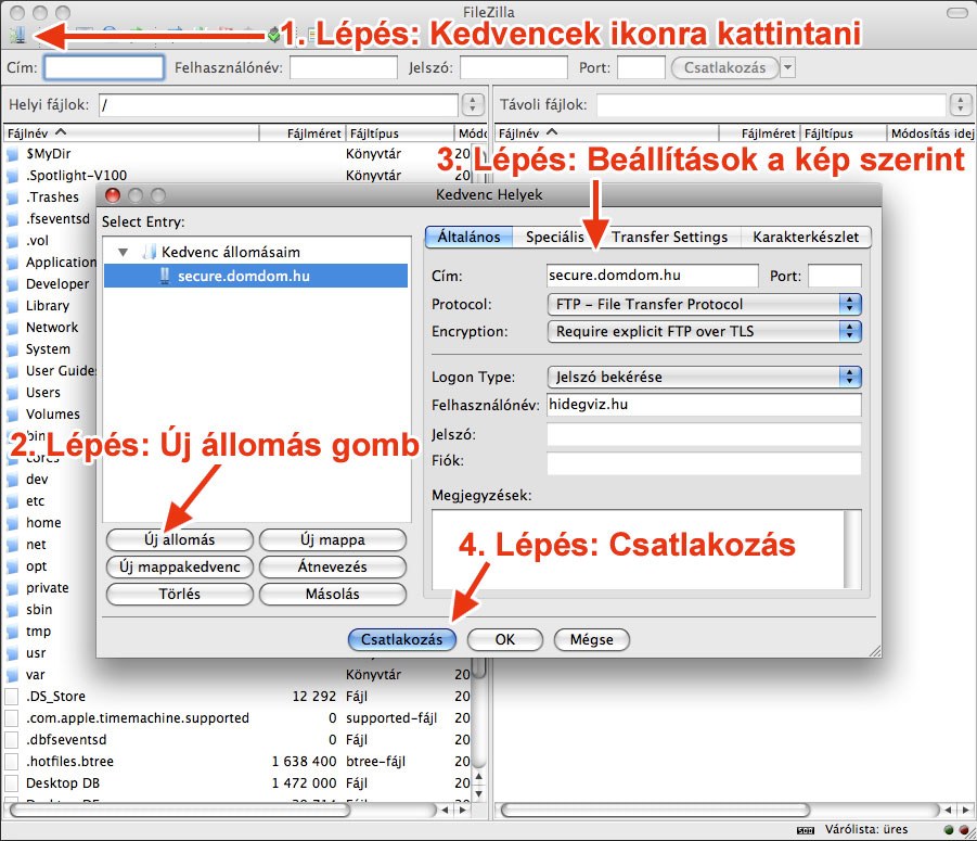 Filezilla beállítások